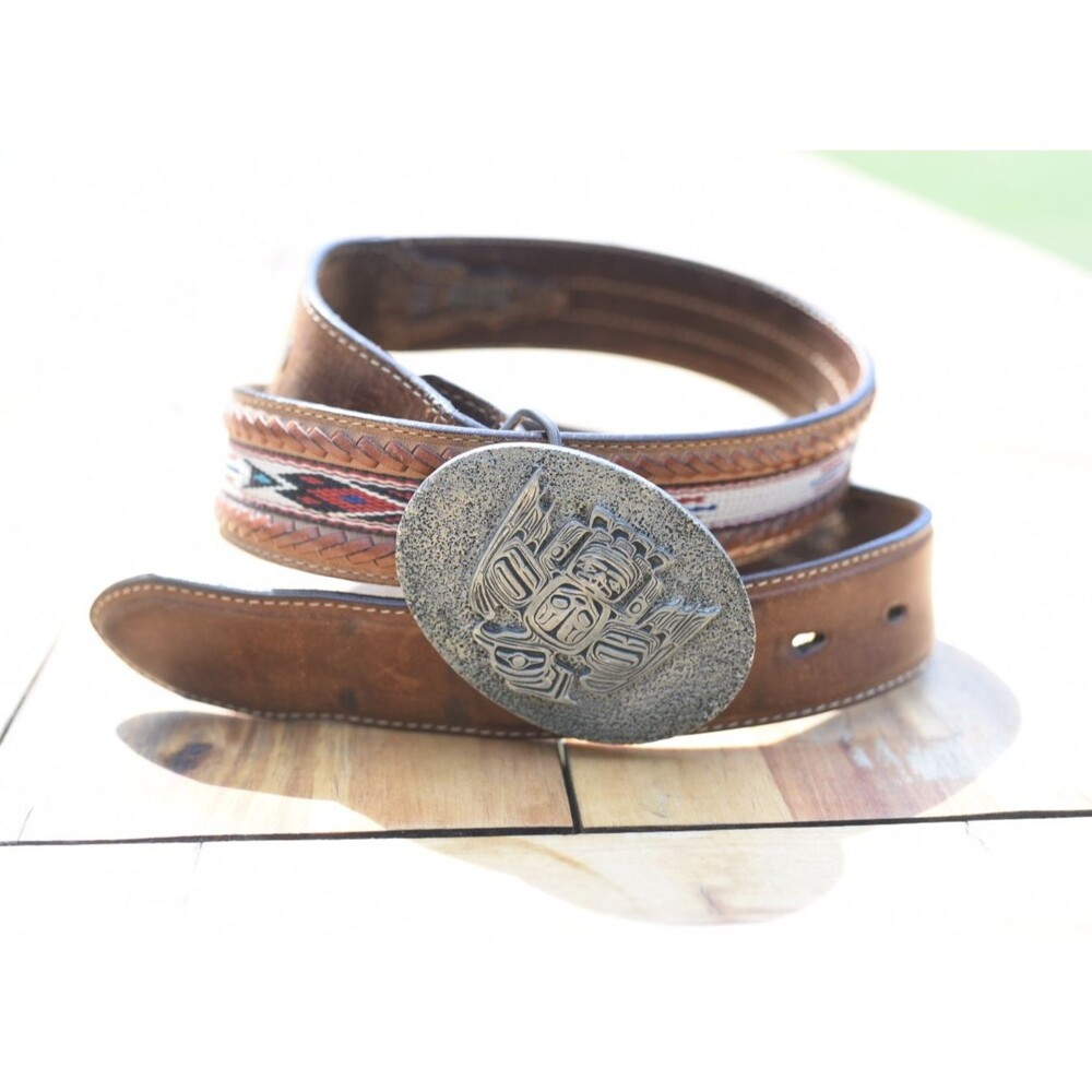 Men’s Silver Creek Brown Leather Aztec Embroidered Belt 5A109 Pewter Native 34